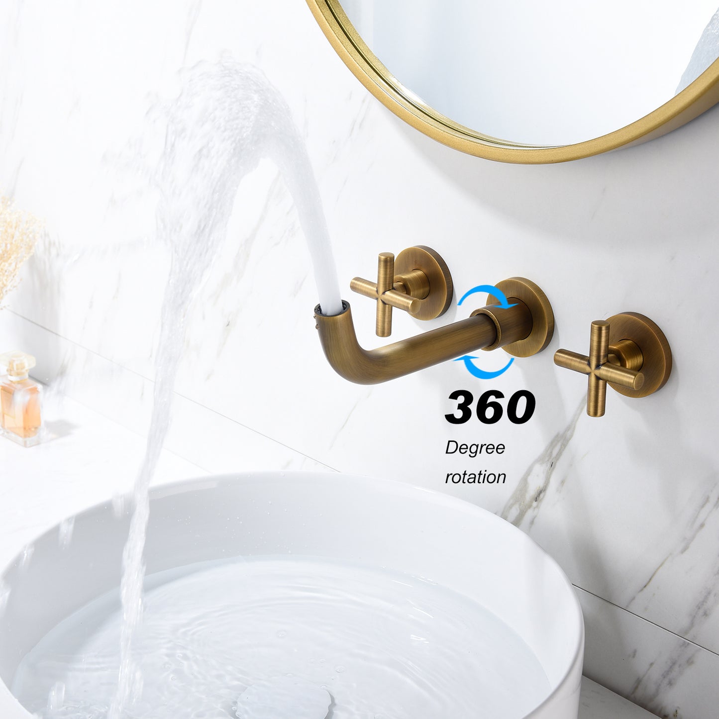 Wall-Mounted Bathroom Faucet - Brass, Cross Handles, Hot & Cold Mixer