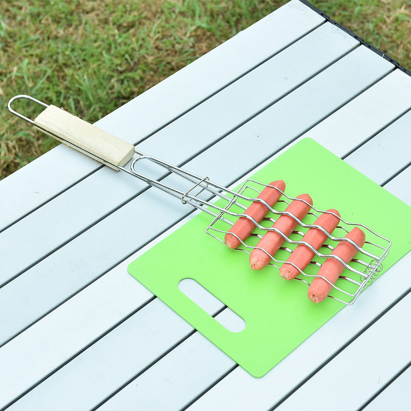 Wooden Handle Barbecue Clip & Sausage Rack for Outdoor Grilling