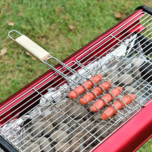 Wooden Handle Barbecue Clip & Sausage Rack for Outdoor Grilling