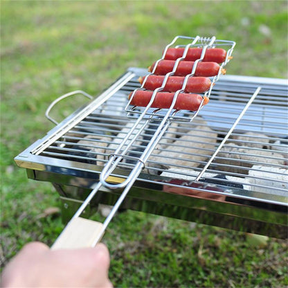 Wooden Handle Barbecue Clip & Sausage Rack for Outdoor Grilling