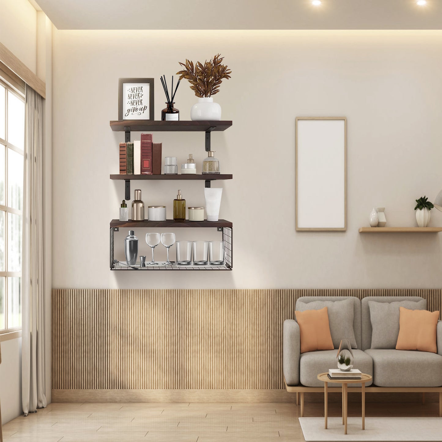 2-in-1 Floating Shelves with Storage Basket for Bathroom & Home