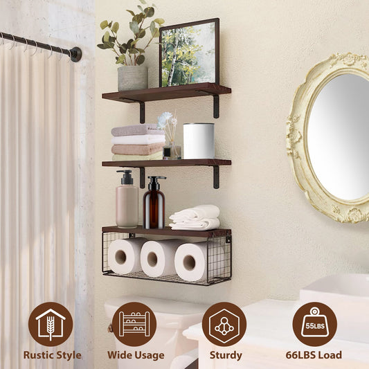 2-in-1 Floating Shelves with Storage Basket for Bathroom & Home