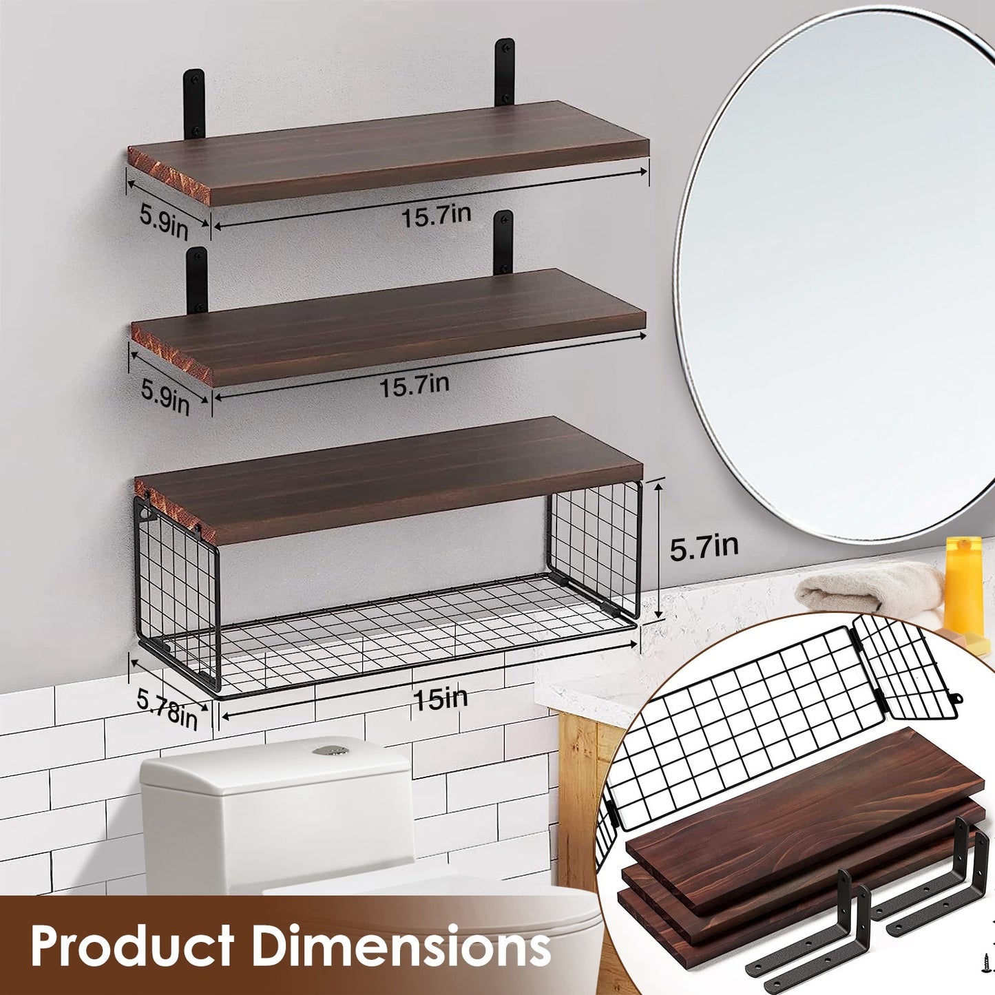 2-in-1 Floating Shelves with Storage Basket for Bathroom & Home