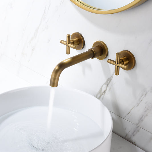 Wall-Mounted Bathroom Faucet - Brass, Cross Handles, Hot & Cold Mixer