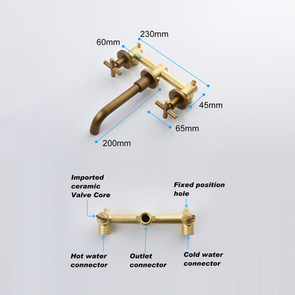 Wall-Mounted Bathroom Faucet - Brass, Cross Handles, Hot & Cold Mixer