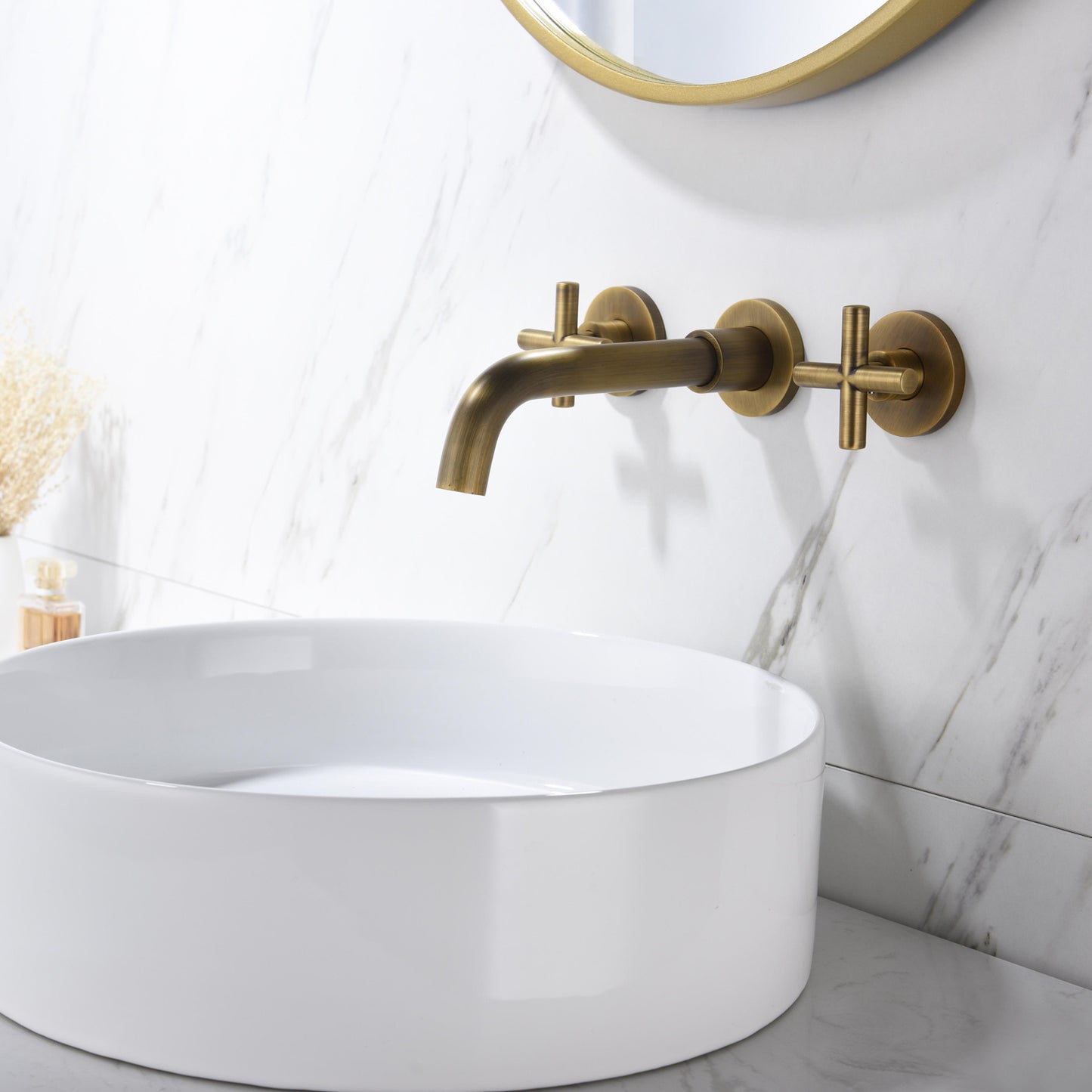 Wall-Mounted Bathroom Faucet - Brass, Cross Handles, Hot & Cold Mixer
