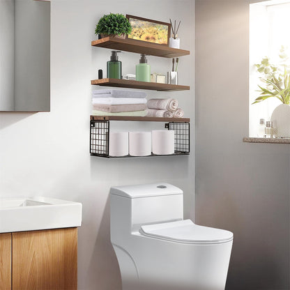 2-in-1 Floating Shelves with Storage Basket for Bathroom & Home