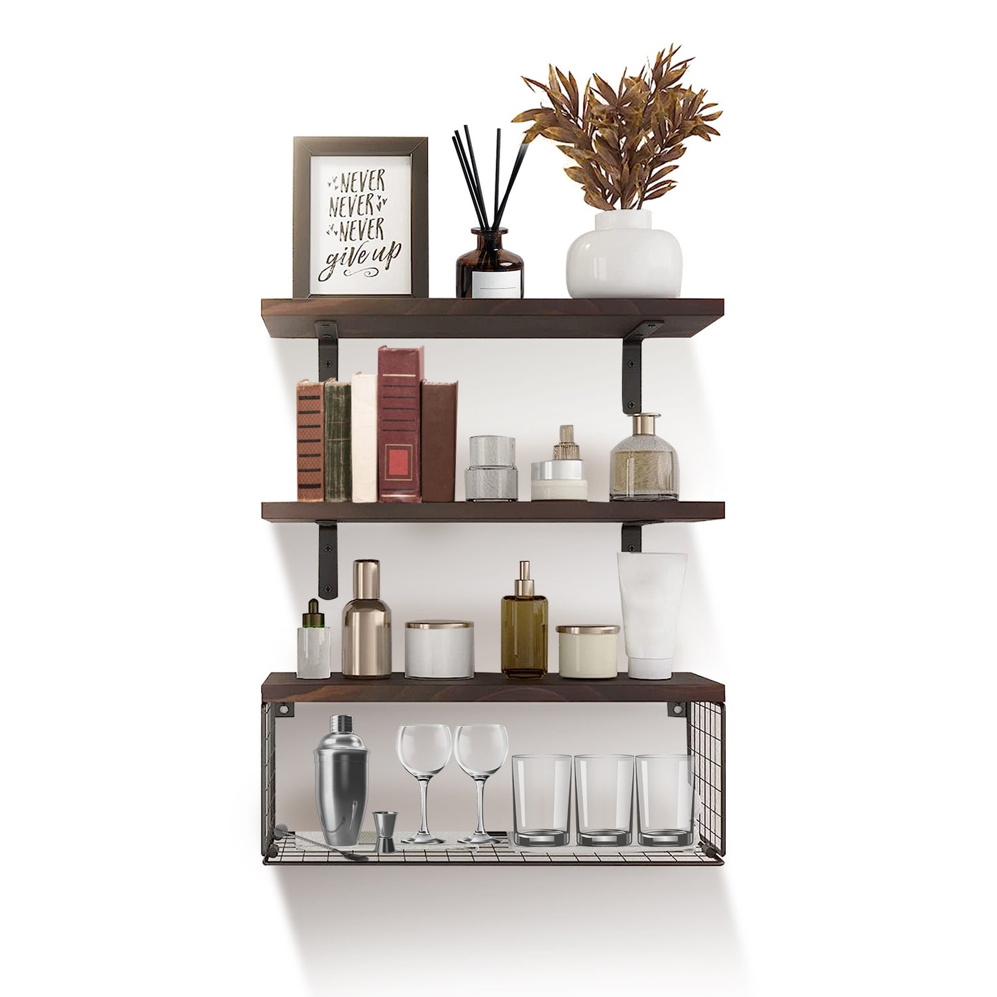 2-in-1 Floating Shelves with Storage Basket for Bathroom & Home